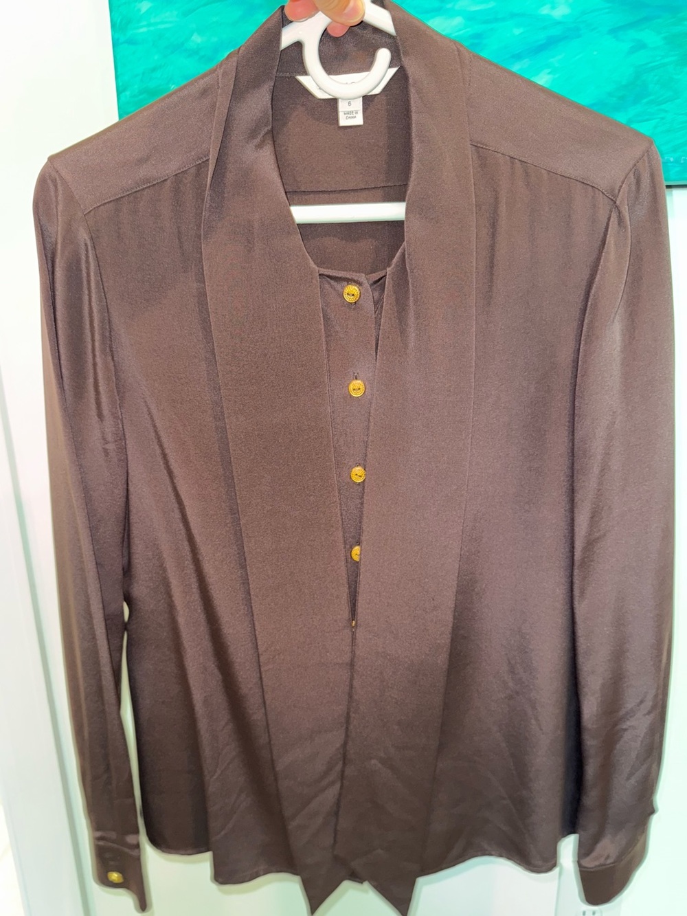St John silk blouse rich chocolate brown, gold buttons, size 6